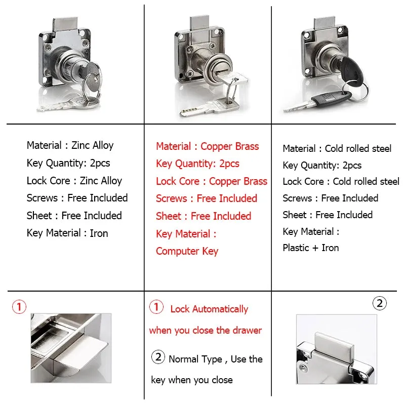 2 Key Copper Drawer Lock for Furniture Mailbox