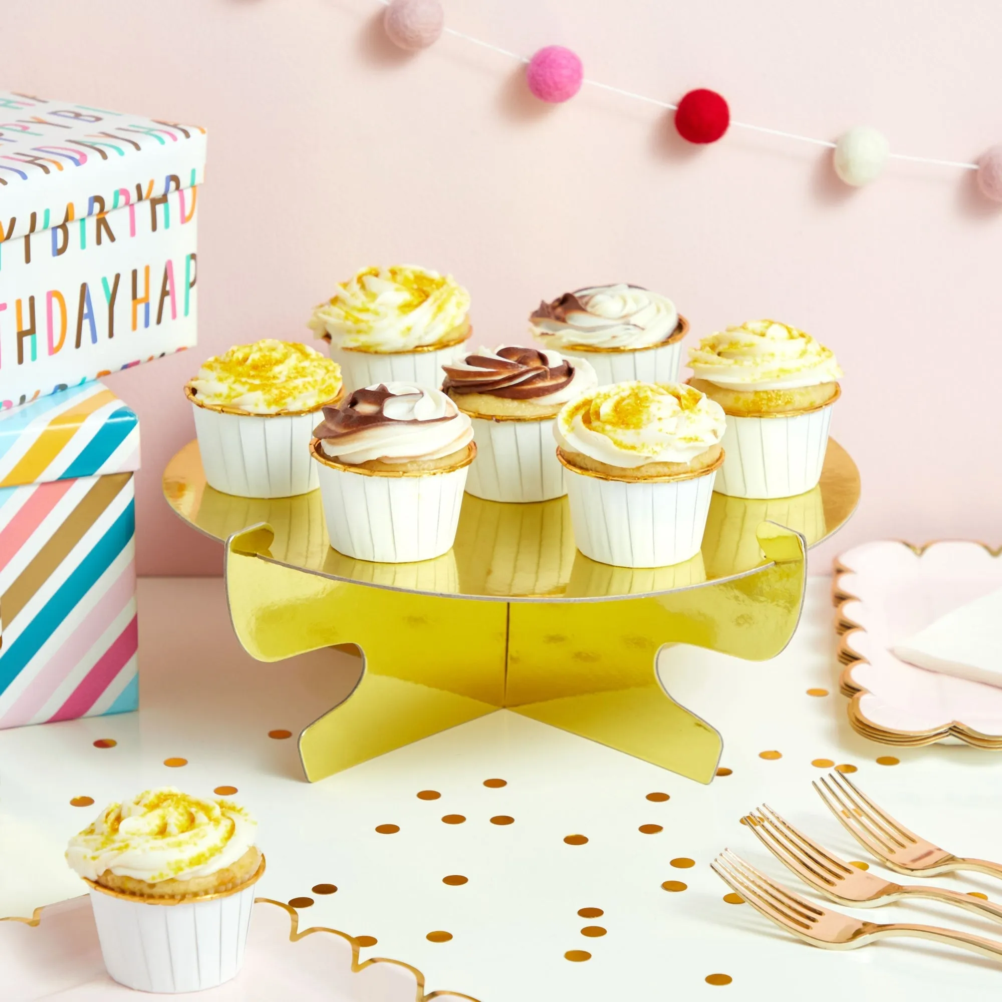 4 Pack Mini Cardboard Cupcake Stand Set, Metallic Gold Dessert Holders for Table (11.5 x 4 In)