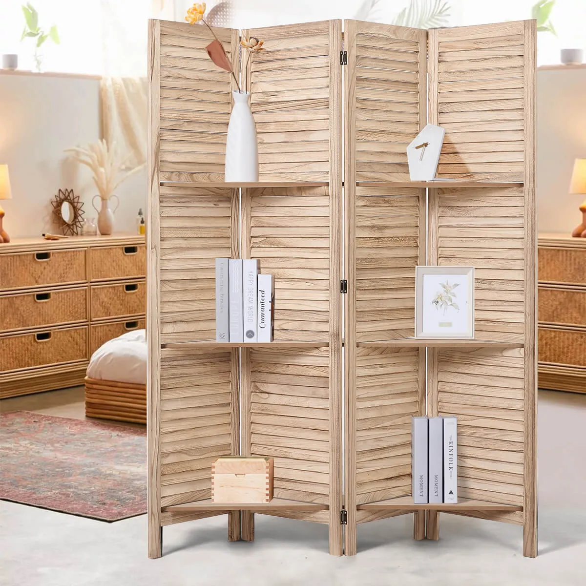 4 Panels Room Divider 5.6 FT Privacy Screen with Storage Shelves, Natural