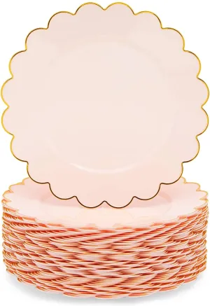 50 Pack Pink and Gold Plastic Plates, 9 Inch Scalloped Plates with Gold Rim for Birthday Party, Baby Shower