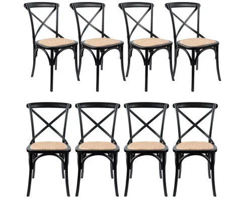 Aster Crossback Dining Chair Set of 8 Solid Birch Timber Wood Ratan Seat - Black