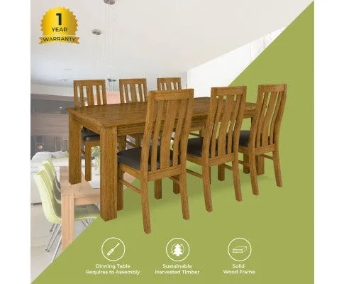 Birdsville 7pc Dining Set 190cm Table 6 PU Seat Chair Solid Mt Ash Wood - Brown