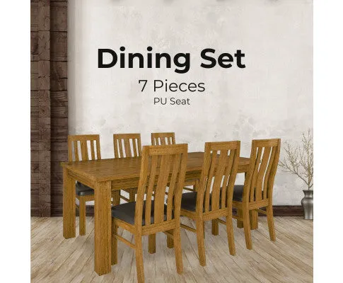 Birdsville 7pc Dining Set 190cm Table 6 PU Seat Chair Solid Mt Ash Wood - Brown