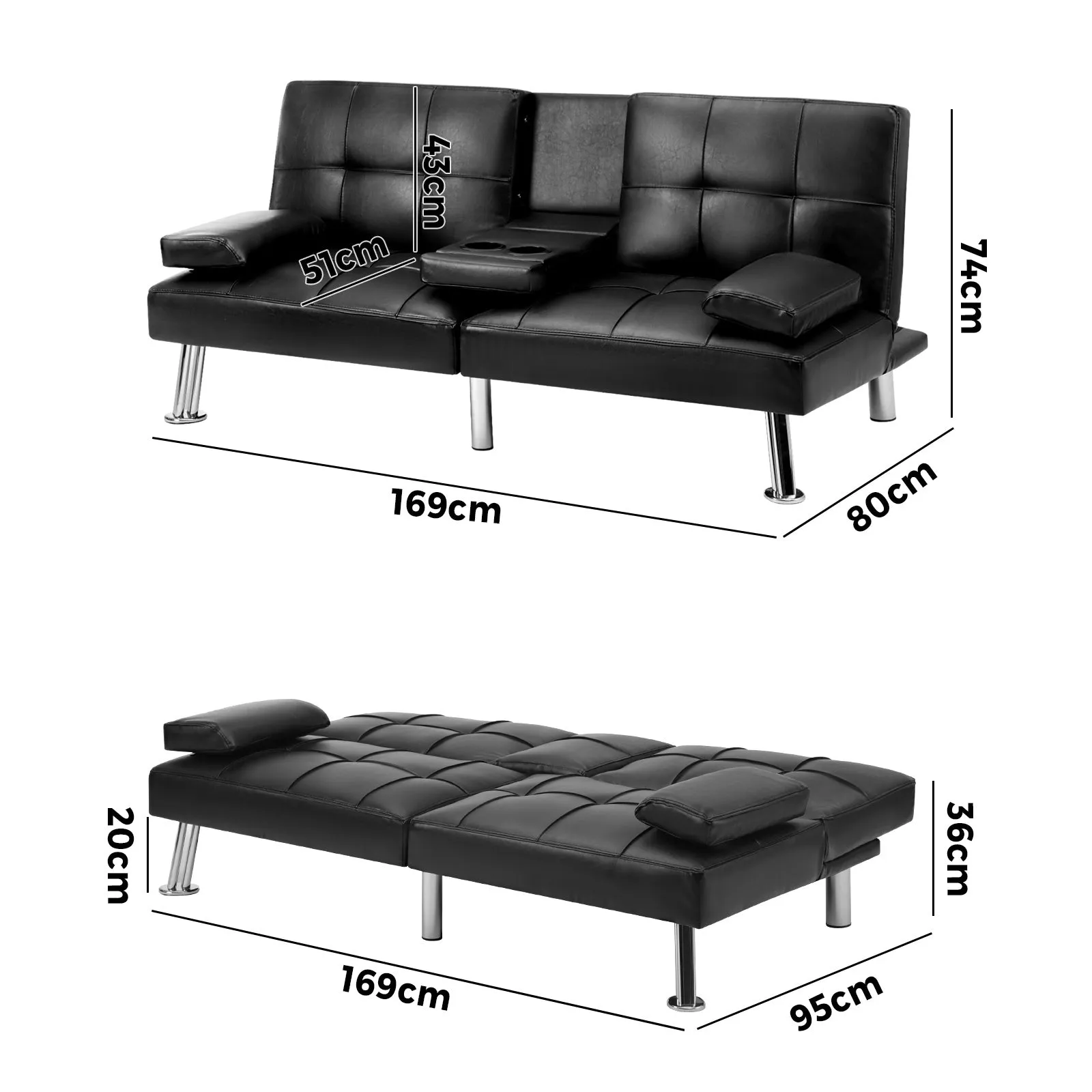 Oikiture Sofa Bed Lounge Leather 3 Seater Futon Couch Beds Sofabeds Cup Holder