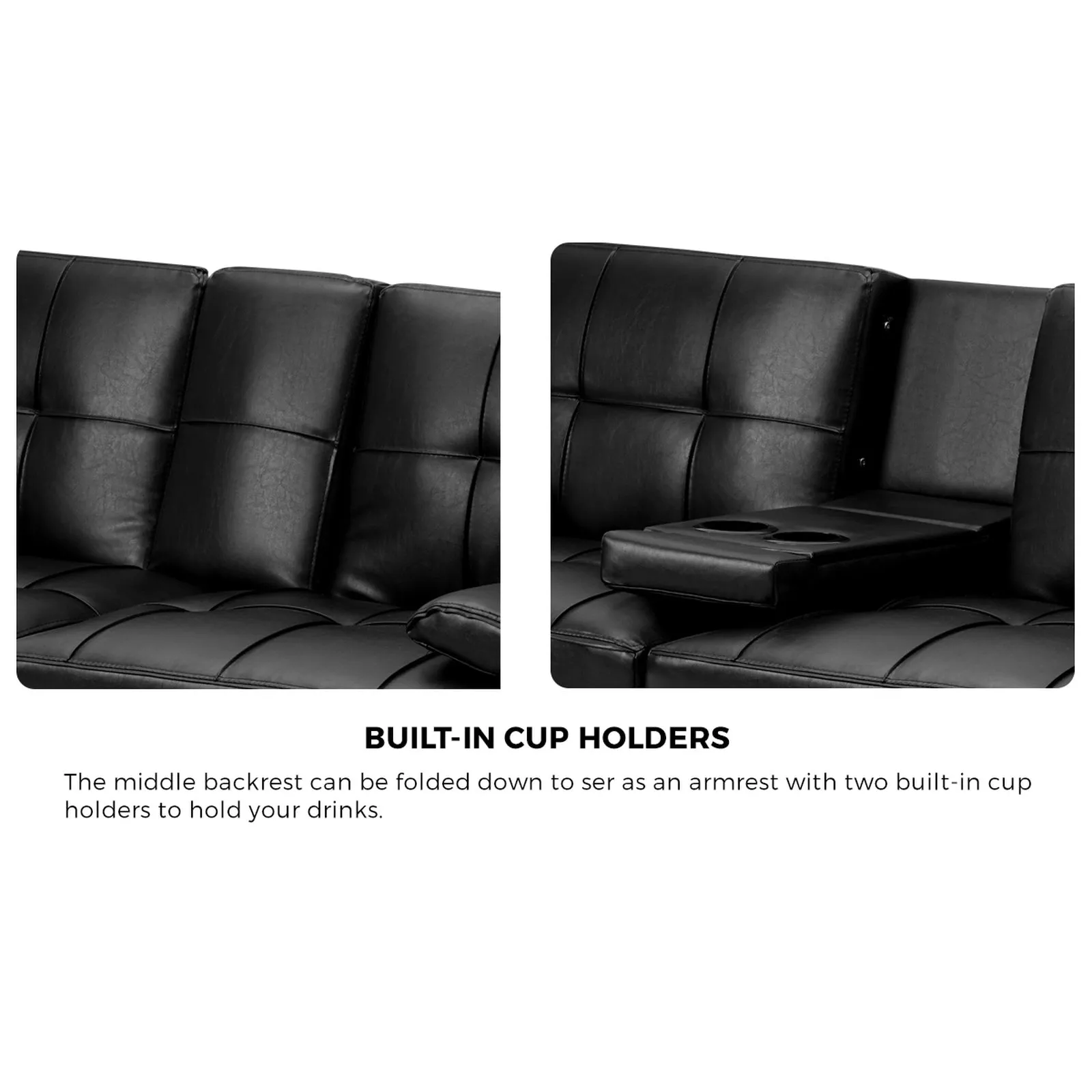 Oikiture Sofa Bed Lounge Leather 3 Seater Futon Couch Beds Sofabeds Cup Holder