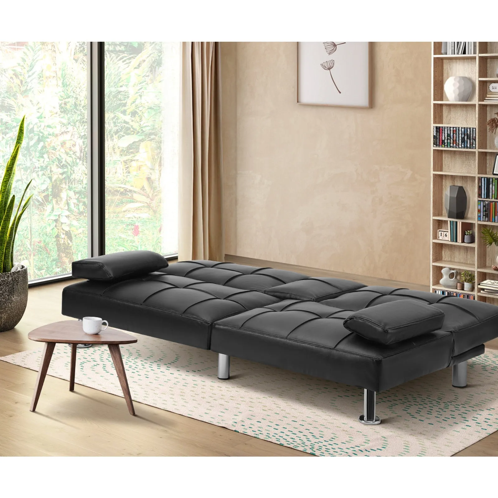 Oikiture Sofa Bed Lounge Leather 3 Seater Futon Couch Beds Sofabeds Cup Holder