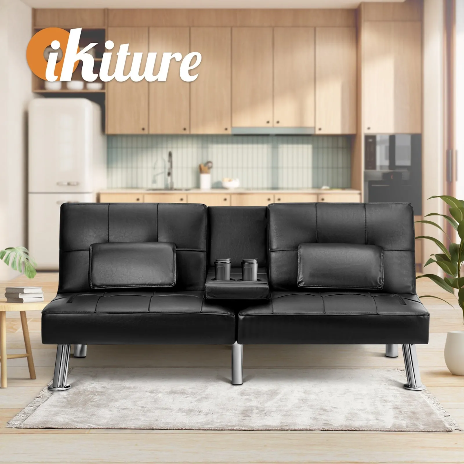 Oikiture Sofa Bed Lounge Leather 3 Seater Futon Couch Beds Sofabeds Cup Holder