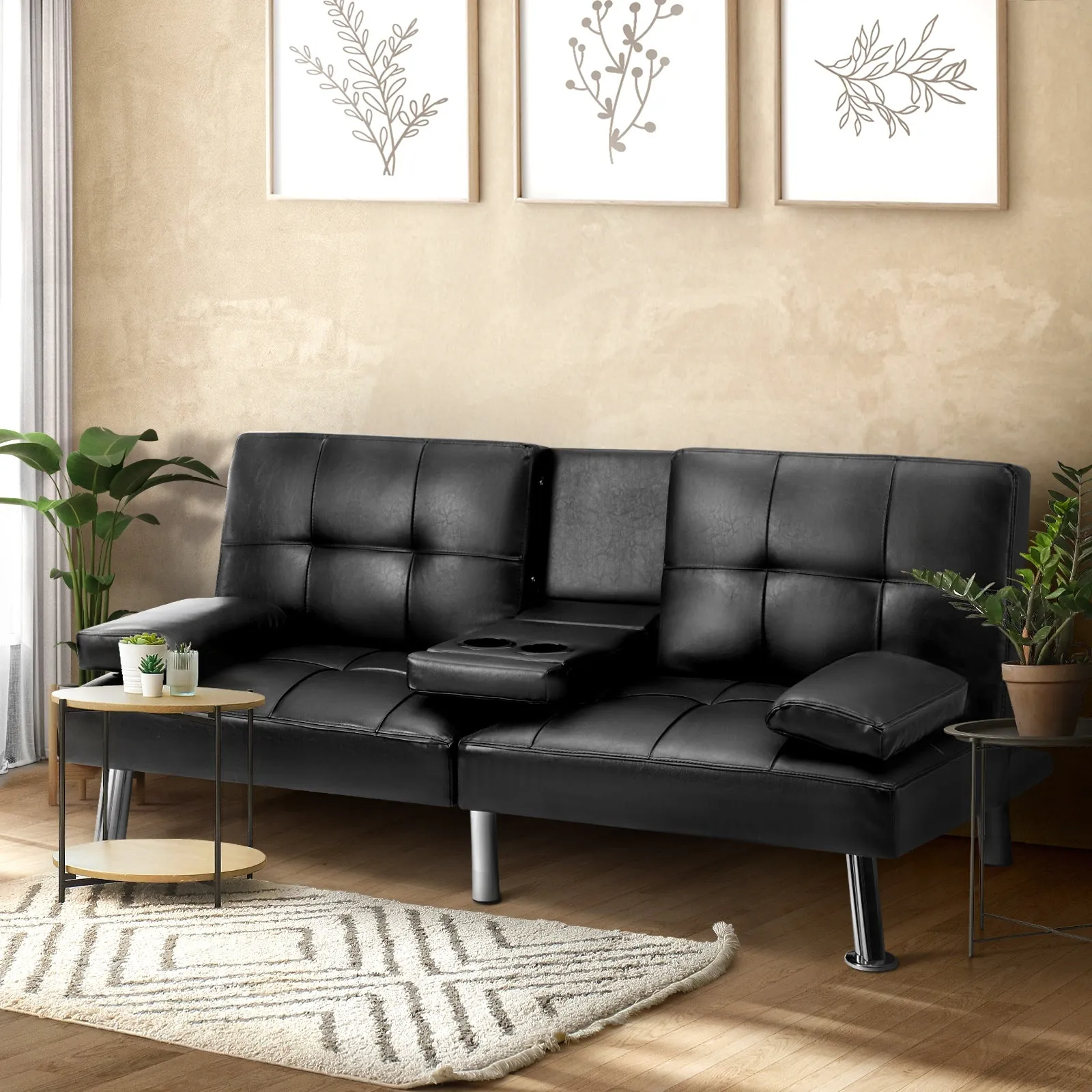 Oikiture Sofa Bed Lounge Leather 3 Seater Futon Couch Beds Sofabeds Cup Holder