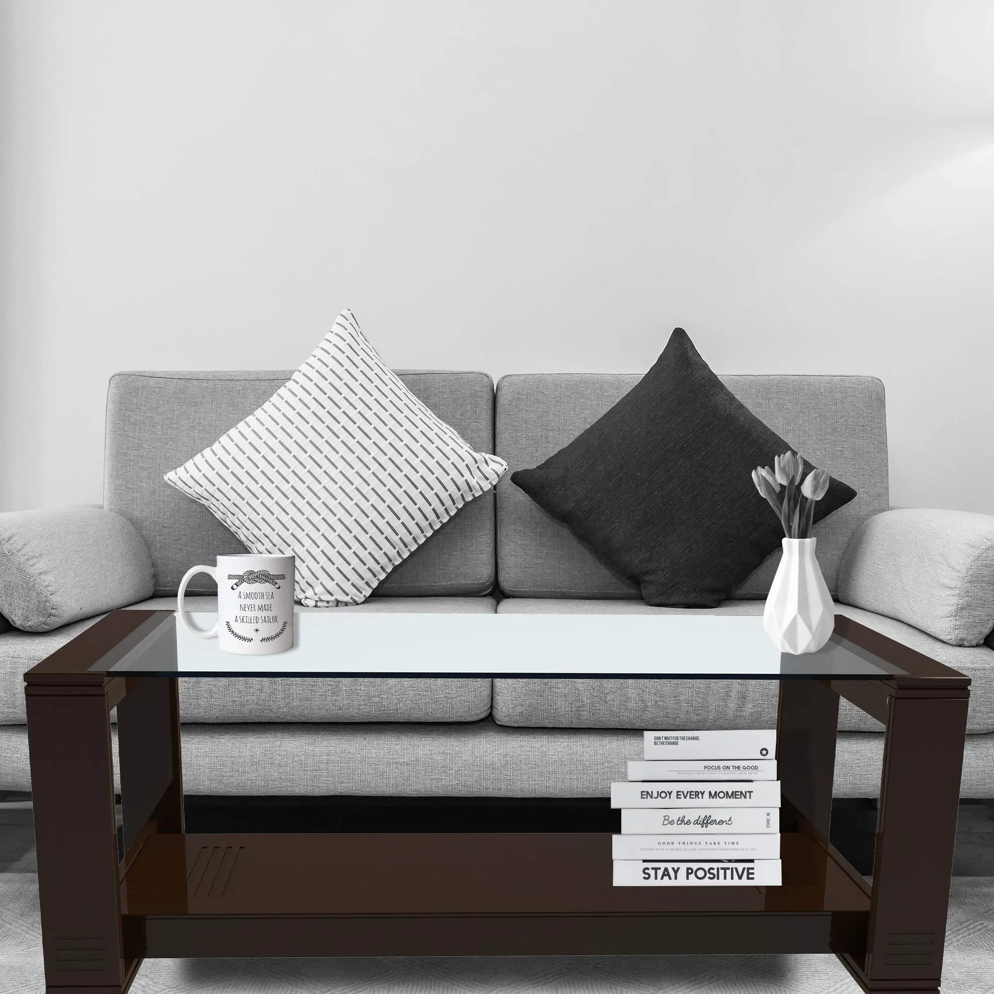 RJKART MDF Wood Glass Top Center Coffee Table with Bottom Shelf Storage for Bedroom Living Room Home Solid Wood Tea Tables Wooden Furniture for Office (Black Finish) - by Elegante HOMEZ
