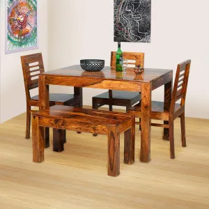 Unitek Furniture Sheesham Wood 4 Seater Dining Table Set with 3 Chairs and 1 Bench Solid Wood Dinning Room Furniture for Living Room Home (Honey Teak Brown Finish)
