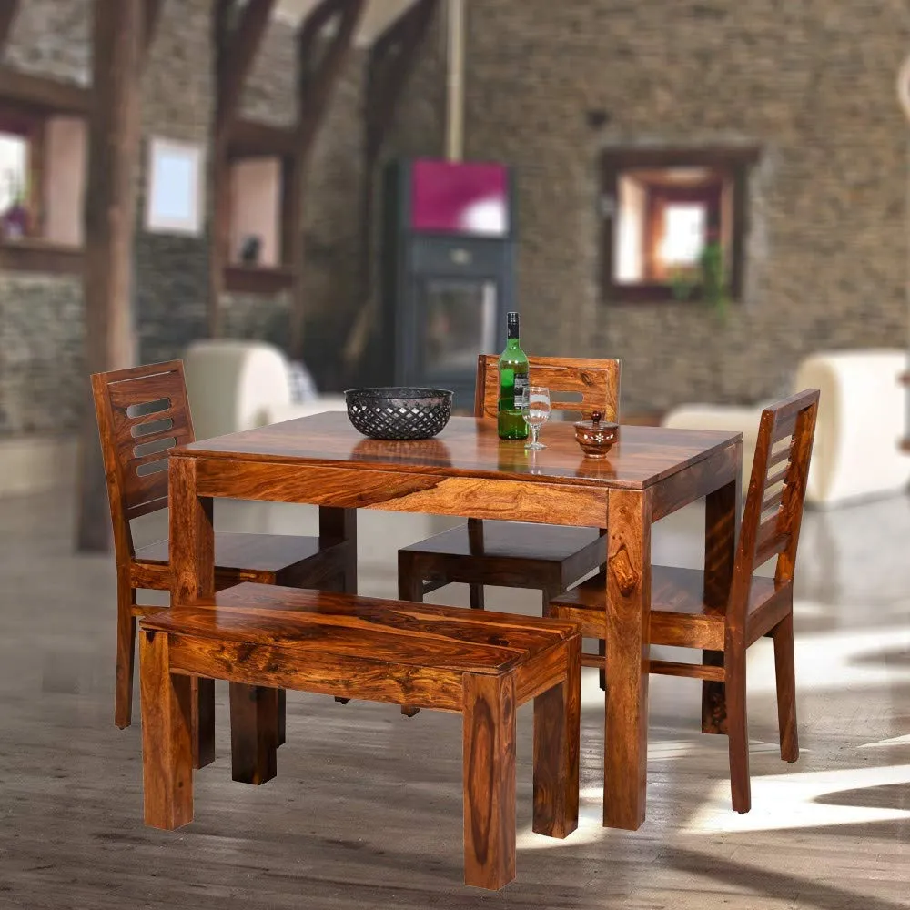Unitek Furniture Sheesham Wood 4 Seater Dining Table Set with 3 Chairs and 1 Bench Solid Wood Dinning Room Furniture for Living Room Home (Honey Teak Brown Finish)