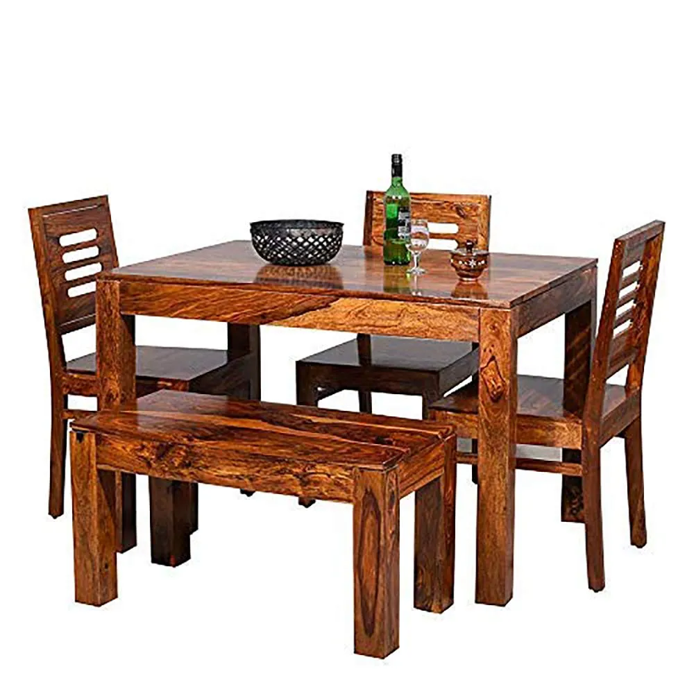 Unitek Furniture Sheesham Wood 4 Seater Dining Table Set with 3 Chairs and 1 Bench Solid Wood Dinning Room Furniture for Living Room Home (Honey Teak Brown Finish)